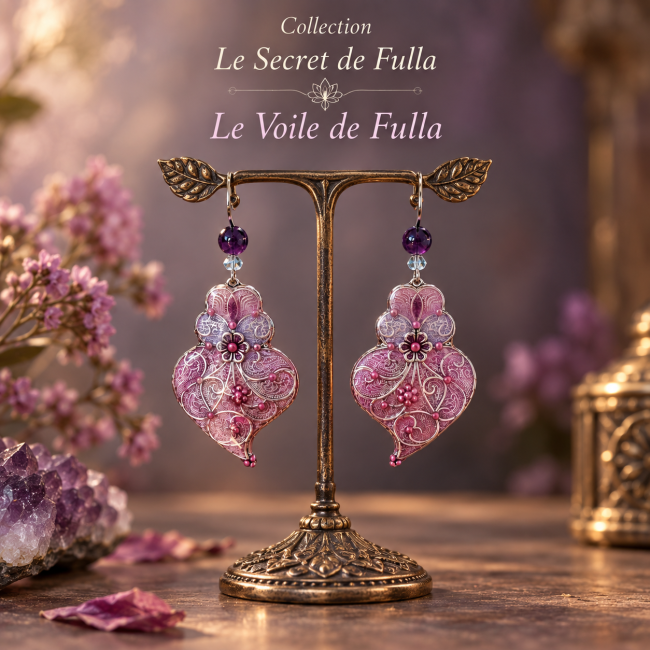 Le Voile de Fulla est une pièce unique d’artisanat d’art, composée de boucles d’oreilles pendantes aux motifs floraux, délicatement émaillées en rose et lilas et ornées d’améthystes.