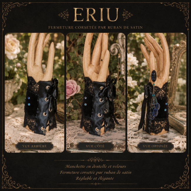 Eriu – Manchette corsetée en dentelle noire et ruban satin Découvrez Eriu, une manchette artisanale en dentelle et velours noirs avec fermeture corsetée par ruban de satin. Une création gothique romantique sublimée par un décor vintage raffiné.