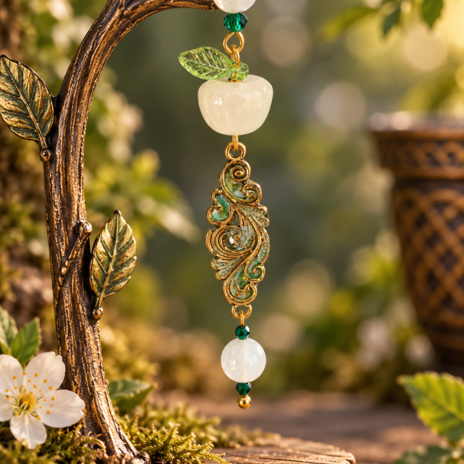 Émaillage scintillant à la main – Boucle d’oreille Le Jardin d’Idunn Détail de l’émaillage scintillant réalisé à la main sur une boucle d’oreille Le Jardin d’Idunn.