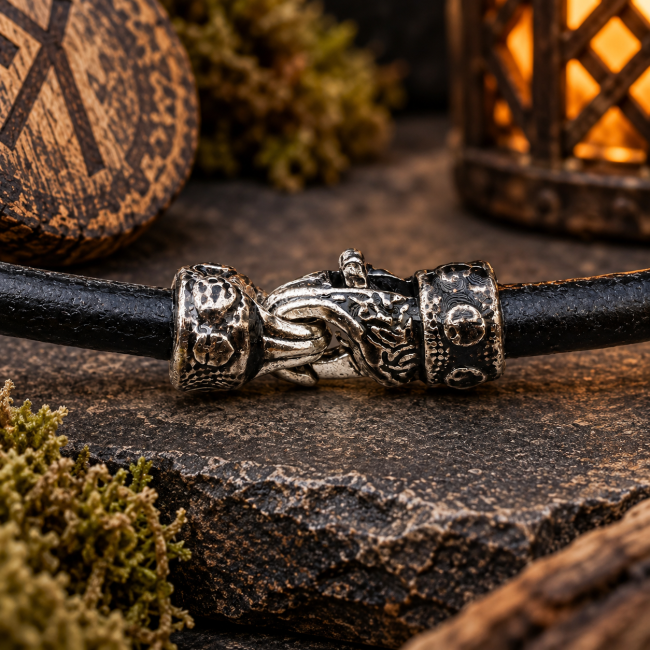 Fermoir de collier viking en cuir – Détail artisanal Gros plan sur le système de fermeture du collier viking Le Serment du Tonnerre, avec ses éléments métalliques travaillés et son cordon en cuir.