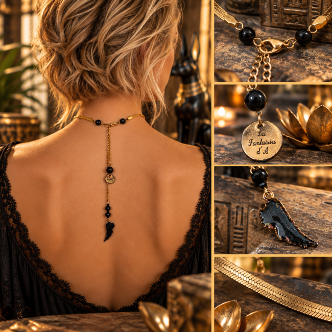 Montage présentant les détails arrière du collier Le Voile du Mystère, chaîne dorée, perles d'obsidienne noire et pendentif