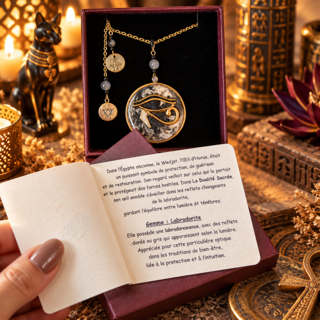 Carte accompagnant La Dualité Sacrée, présentant la légende de l’Œil d’Horus et les traditions associées à la labradorite.