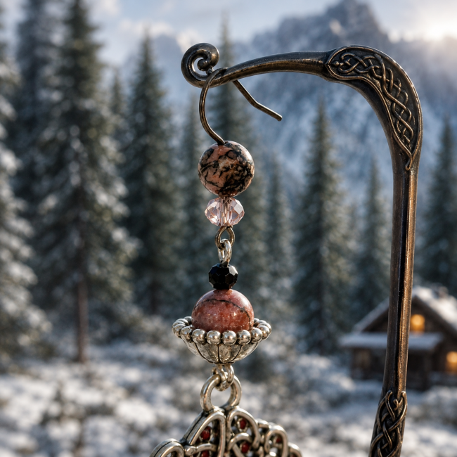 Perles de rhodonite et détails artisanaux – Boucles d'oreilles nordiques Læraðr Zoom sur les perles de rhodonite naturelle et les finitions artisanales des boucles d'oreilles La Rosée de Heiðrún. Une création inspirée de l'hydromel sacré de Heiðrún et de l'arbre mythique Læraðr.