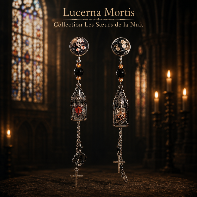 Présentation artistique de la paire de boucles d’oreilles « fausses jumelles » Lucerna Mortis de la collection « Les Sœurs de la Nuit ». Inspirées des reliquaires gothiques et de l’univers dark fantasy, ces créations artisanales associent symboles mystiqu