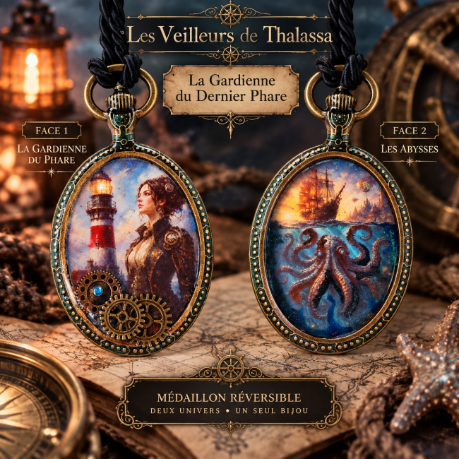 La Gardienne du Dernier Phare, médaillon réversible imaginé et réalisé comme une pièce unique de l’artisanat d’Art. Deux univers se dévoilent : la gardienne du phare et les profondeurs marines, dans un esprit steampunk maritime.