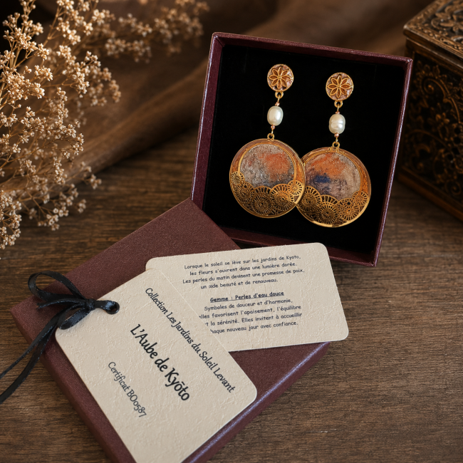 Écrin et certificat des boucles d'oreilles L'Aube de Kyōto Coffret cadeau des boucles d'oreilles L'Aube de Kyōto avec carte d'identification et certificat numéroté.