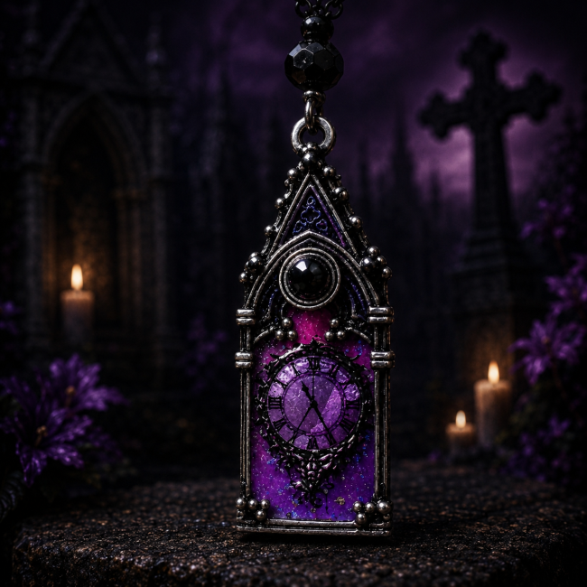 Reliquaire Boucle d’oreille gothique violette Noctilith Détail d’une boucle d’oreille gothique violette Noctilith avec cadran mystique et architecture victorienne