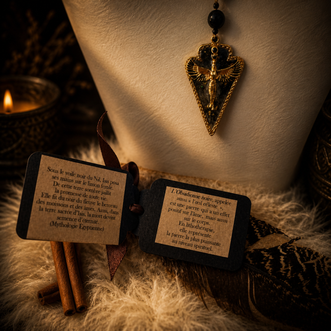 Le collier Isis Voile du Mystère est accompagné de cartes numérotées et d’une carte lithothérapie dans une présentation inspirée des reliques anciennes.