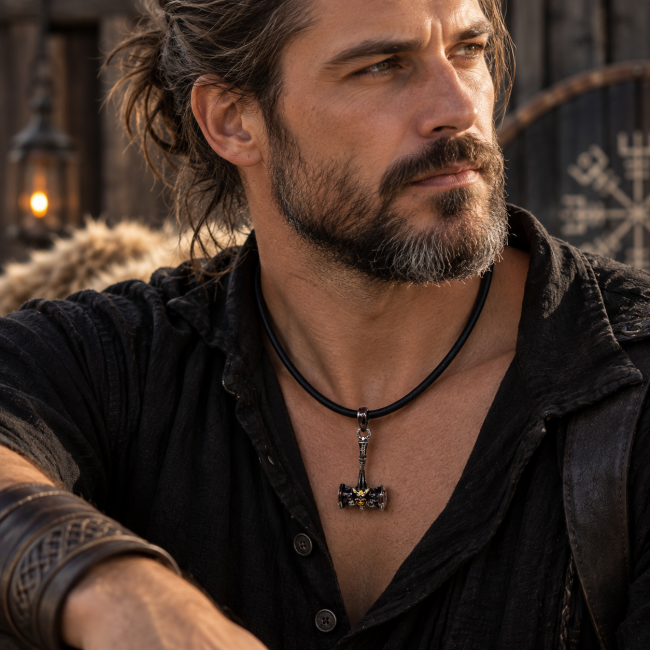 Collier viking porté avec son cordon en cuir pleine fleur noir et son pendentif maillet antique représentant Surtr, dans un style masculin inspiré de la mythologie nordique.