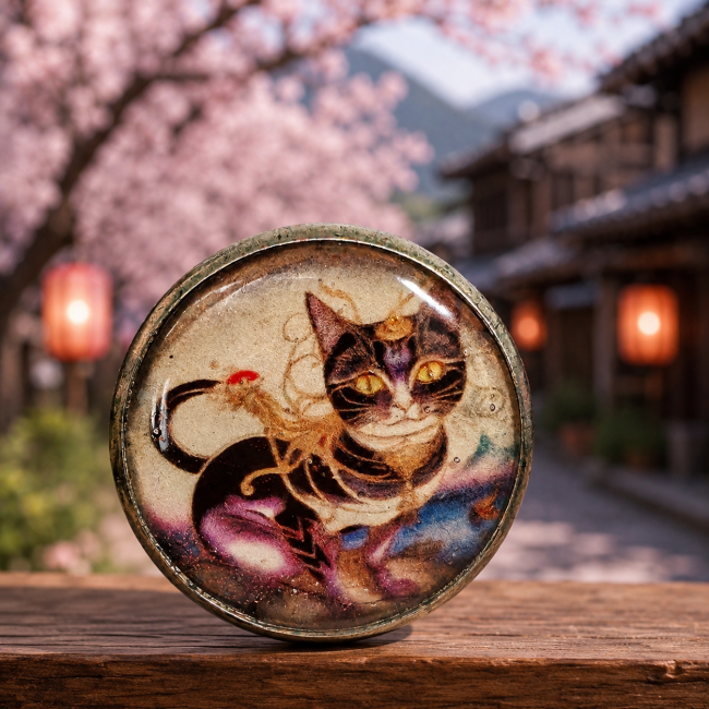 Zoom cabochon émaillé Le Chat de la Lune – Bijou félin artisanal Gros plan sur le cabochon émaillé Le Chat de la Lune révélant les détails du chat mystique et les nuances artisanales du bijou dans une ambiance japonaise douce et lumineuse.