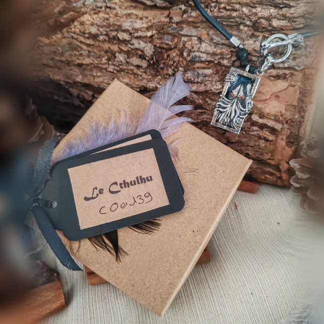 Collier Cthulhu avec écrin personnalisé et carte d’identification | Les Fantaisies d'A Collier Cthulhu avec écrin kraft personnalisé et carte d’identification numérotée
