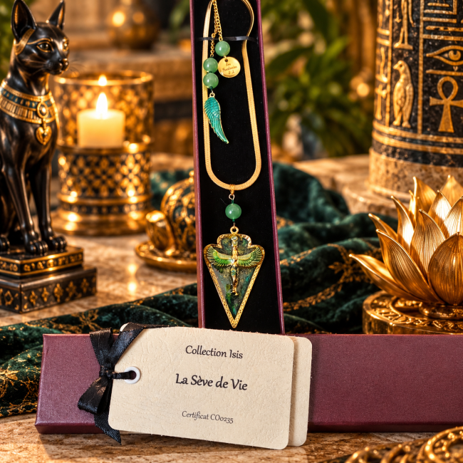 Collier Isis La Sève de Vie présenté dans son écrin avec carte d’identification, création artisanale inspirée de l’Égypte