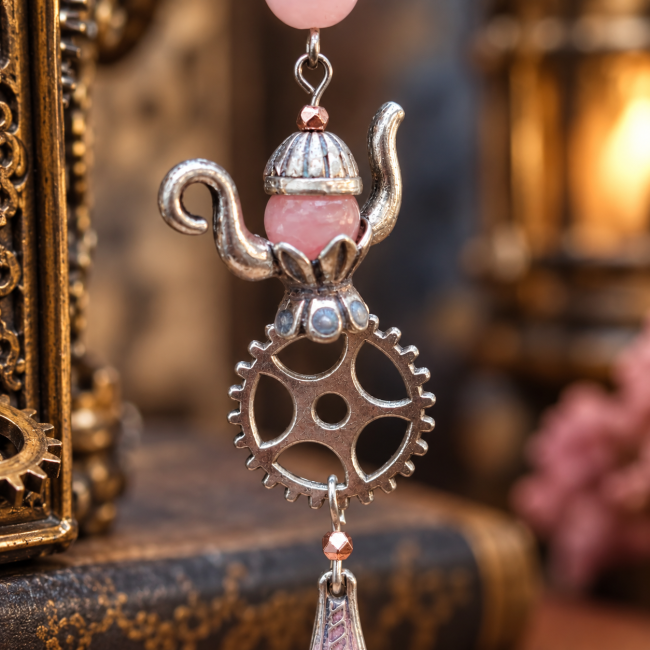 Le Thé de Minuit – Détail théière et engrenage Gros plan sur la composition originale du bijou : une théière miniature sertie de calcédoine rose surmontant un engrenage délicatement travaillé.