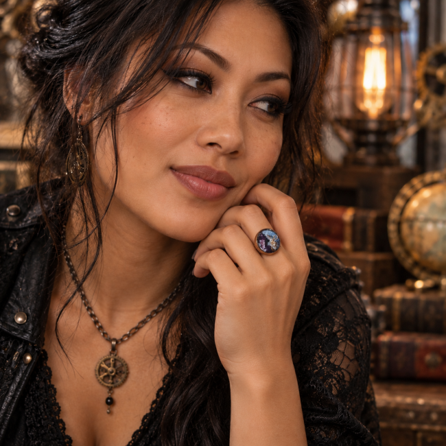 Bague femme steampunk La Modiste Mécanique portée dans un univers de cabinet de curiosités. Une création artisanale originale mêlant inspiration rétro, mécanismes et élégance contemporaine.