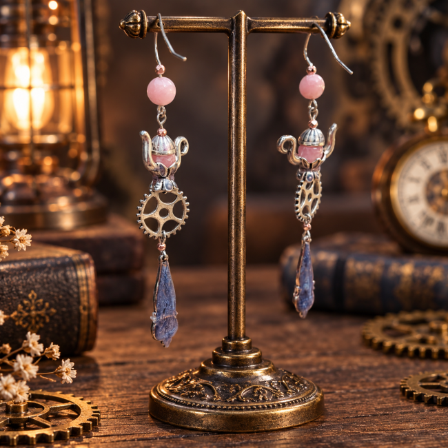 Le Thé de Minuit – Boucles d’oreilles steampunk vue de dos Vue détaillée de la construction des boucles d’oreilles Le Thé de Minuit, révélant leurs engrenages mécaniques et leurs éléments inspirés de l’univers steampunk.