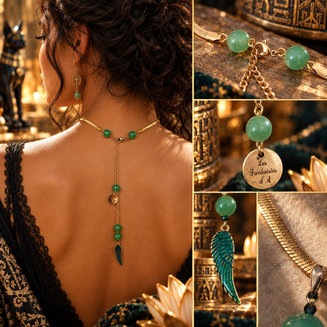 Montage des détails arrière du collier Isis La Sève de Vie avec chaîne dorée, perles vertes et aile artisanale