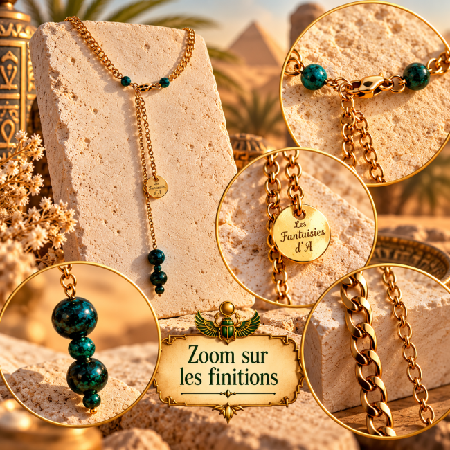 Collier Khepri – Zoom sur les finitions ros plan sur les finitions artisanales du Cycle Éternel : chaînes dorées, fermoir mousqueton, médaillon signature et perles de chrysocolle.