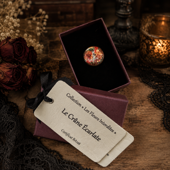 Le Crâne Écarlate – Bague présentée dans son écrin Le Crâne Écarlate présenté dans son écrin, accompagné de sa carte d’identification et de son certificat, dans une ambiance élégante et chaleureuse.