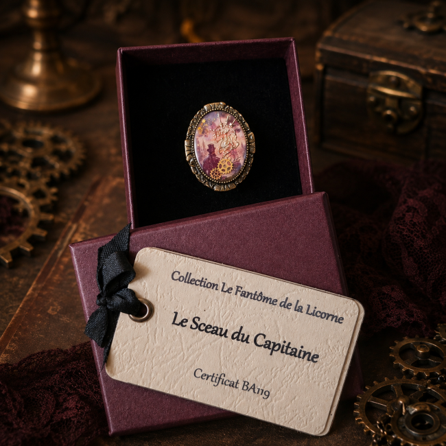 Découvrez Le Sceau du Capitaine, une bague steampunk en laiton au cabochon émaillé à la main, présentée dans son écrin avec son certificat dans un décor victorien immersif.