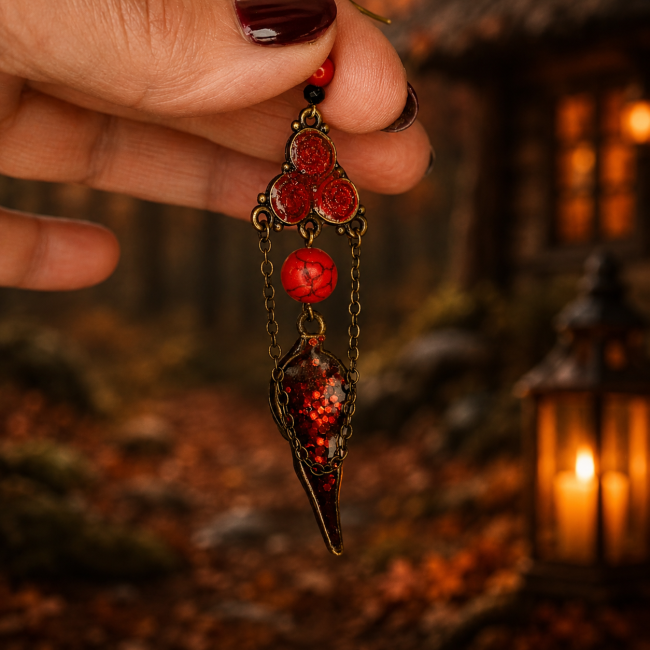 Boucles d’oreilles gothiques rouges – Vue arrière artisanale Vue arrière des boucles d’oreilles Hrafnseidr avec finitions artisanales scintillantes rouge profond. Chaînes bronze antique, howlite rouge et ambiance forêt nordique immersive pour un bijou gothique fantasy unique.