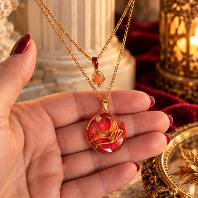  Médaillon réversible Luna sur collier artisanal avec perles en andésine véritable et motif lunaire doré