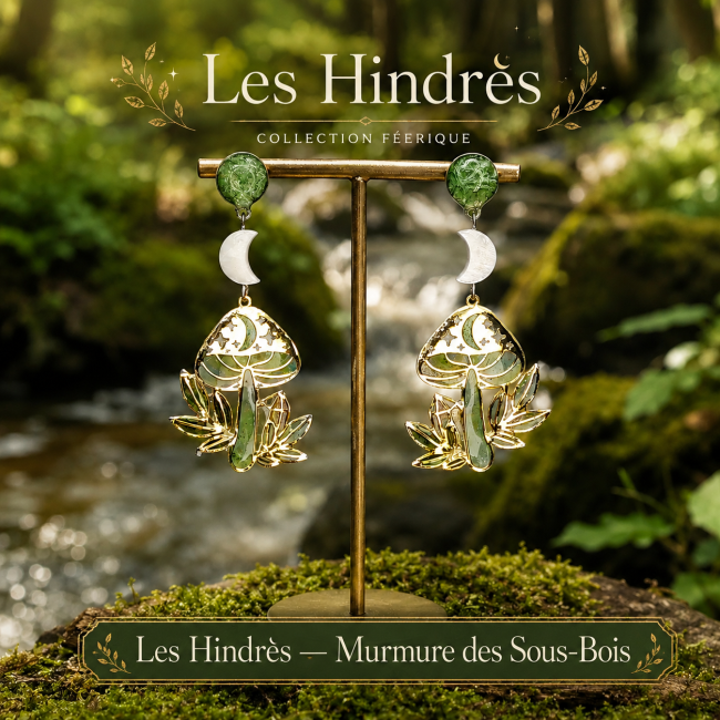 Murmures des Sous-Bois — Boucles d’oreilles artisanales féeriques inspirées de Brocéliande Boucles d’oreilles Murmures des Sous-Bois Les Hindrès, champignons et cristaux émaillés à la main, camaïeu de verts et croissants de lune en nacre