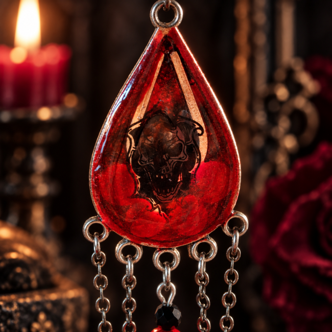 Le Fil d’Atropos – Émaillage gothique réalisé à la main Détail de l’émaillage rouge transparent réalisé à la main sur une boucle d’oreille gothique