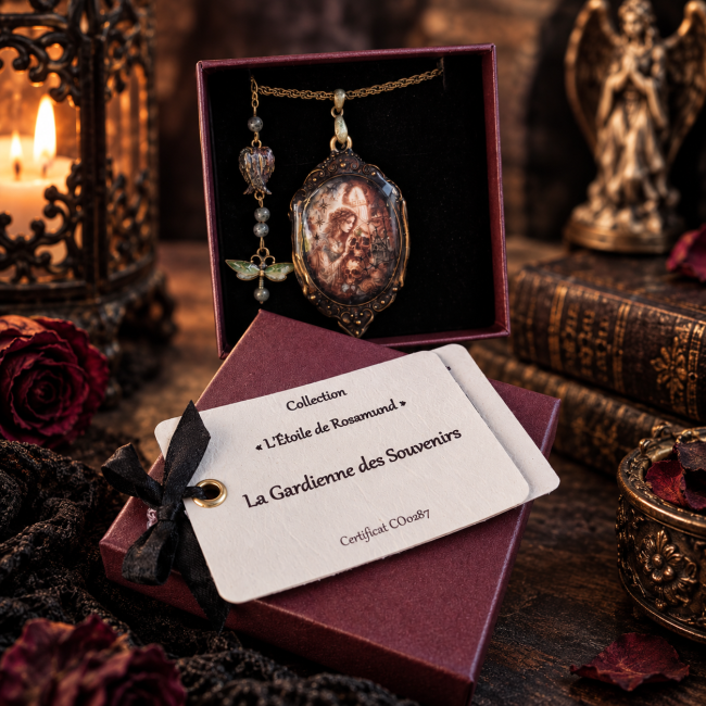 Collier gothique artisanal La Gardienne des Souvenirs présenté dans son écrin avec sa chaîne à fermeture ajustable