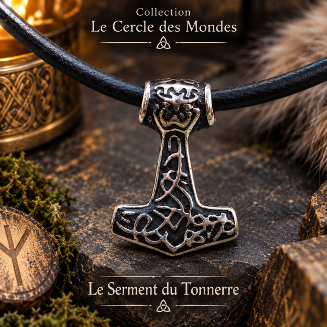 Collier viking mixte en cuir – Le Serment du Tonnerre Le Serment du Tonnerre, collier viking sur cordon en cuir noir, création artisanale inspirée de la mythologie nordique, pour homme ou femme.
