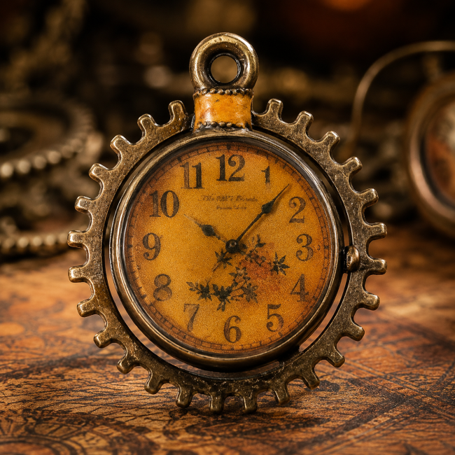 Zoom sur la montre à gousset de L’Heure des Chimères Gros plan sur la tête de L’Heure des Chimères, mettant en valeur son cadran de montre vintage, son contour en engrenages et ses détails artisanaux.
