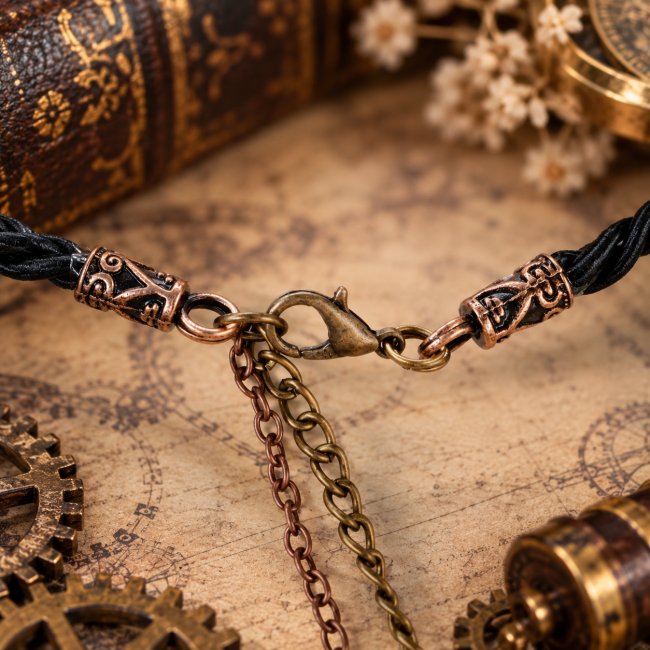 Détail du système de fermeture du collier Le Gardien des Archives, avec son cordon noir, ses éléments métalliques et sa chaîne d'extension. Une finition pensée dans l'esprit steampunk et artisanal du bijou.