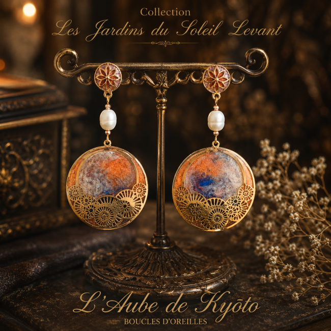 Boucles d'oreilles artisanales L'Aube de Kyōto en laiton émaillé et perles d'eau douce, collection Les Jardins du Soleil Levant. Boucles d'oreilles L'Aube de Kyōto – Les Jardins du Soleil Levant | Les Fantaisies d'A