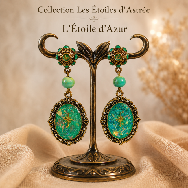 Boucles d'oreilles pendantes en métal doré vieilli, ornées de clous d'oreilles émaillés à la main, de perles en céramique turquoise et de médaillons ovales victoriens décorés d'une étoile féerique. Collection Les Étoiles d'Astrée.