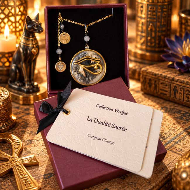 La Dualité Sacrée présentée dans son écrin avec son certificat, collier artisanal inspiré de la mythologie égyptienne.