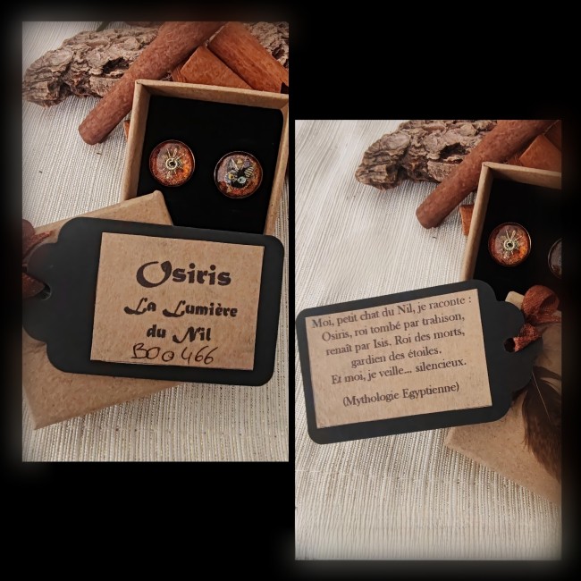 Boucles d’oreilles Osiris – Écrin personnalisé et carte numérotée | Les Fantaisies d'A Boucles d’oreilles Osiris dans leur écrin personnalisé avec carte d’identification numérotée – Collection Égypte Antique