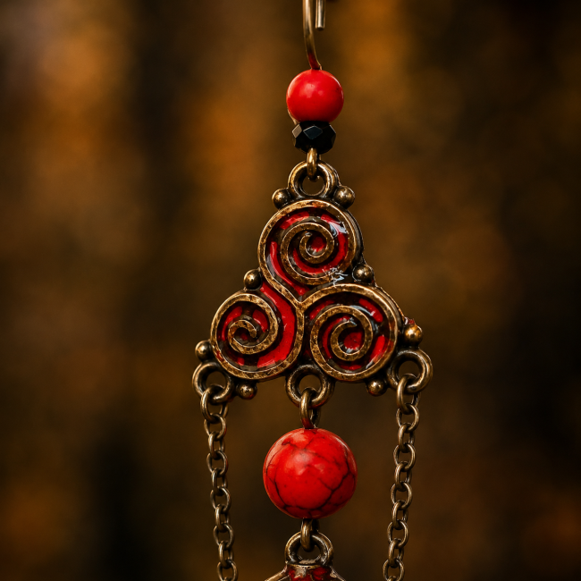 Triskel rouge rubis – Boucles d’oreilles celtiques artisanales Gros plan sur le triskel émaillé rouge rubis des boucles d’oreilles Les Murmures de la Völva. Bijou fantasy nordique artisanal aux détails bronze antique et perles howlite rouge, inspiré des symboles celtiques anciens.