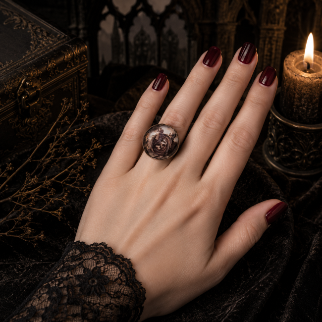 Bague La Crypte Oubliée portée – Univers gothique Bague femme La Crypte Oubliée portée dans un décor médiéval gothique