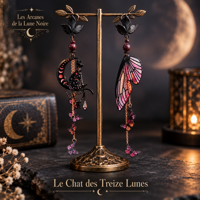 Vue principale des boucles d’oreilles Le Chat des Treize Lunes, création artisanale de la collection Les Arcanes de la Lune Noire, ornée d’un chat noir, de motifs lunaires, d’ailes et de papillons.