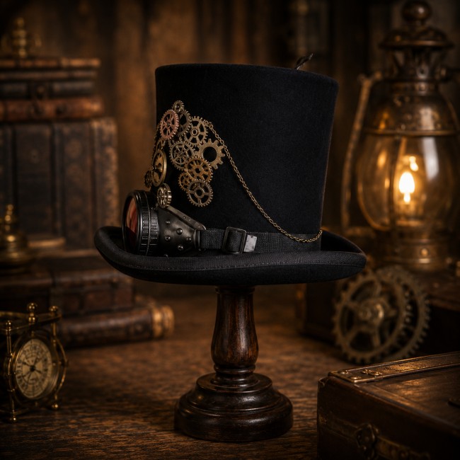 Chapeau steampunk Cyrus noir avec engrenages et lunettes rétro Explorez le chapeau steampunk Cyrus, une création artisanale noire ornée d’engrenages métalliques, de lunettes rétro et de détails inspirés de l’univers victorien.