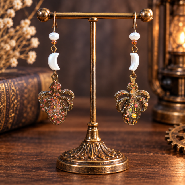 Les Yeux de la Lune Rousse – Boucles d’oreilles en nacre Présentation des boucles d’oreilles Les Yeux de la Lune Rousse sur présentoir, avec leurs lunes en nacre, leurs ornements cuivrés et leurs cabochons mystérieux.