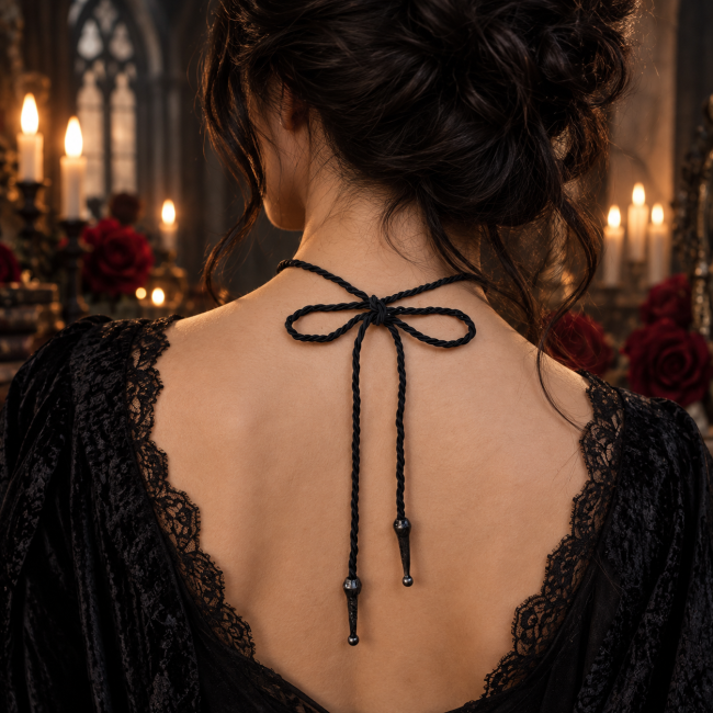 Vue exclusive de la fermeture arrière du collier. Le cordon noir tressé forme un système ajustable élégant et pratique, parfaitement intégré à cette création gothique artisanale.