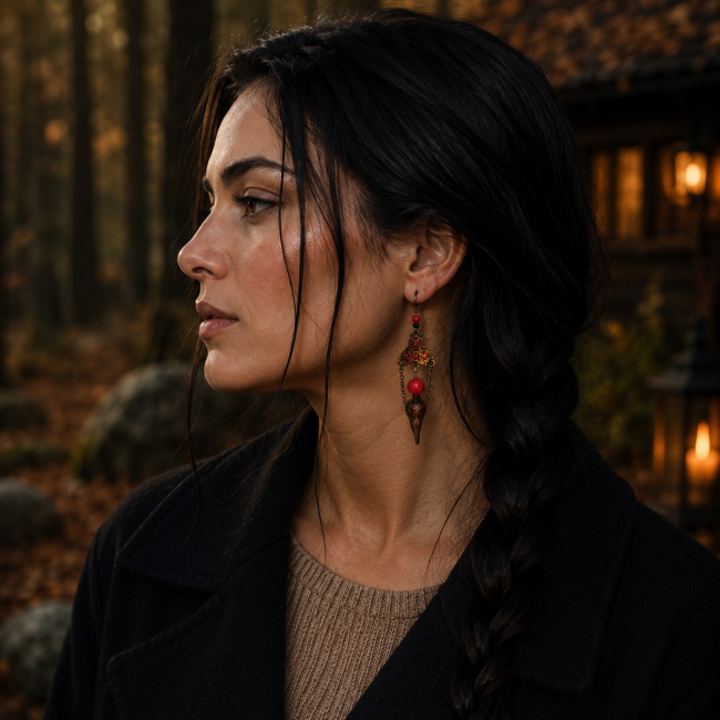 Boucles d’oreilles viking femme – Les Murmures de la Völva Boucles d’oreilles artisanales portées par une femme aux longues tresses noires dans une forêt nordique automnale. Bijou fantasy inspiré des Völvas et du Hrafnseidr avec triskel rouge rubis et corbeau mystique