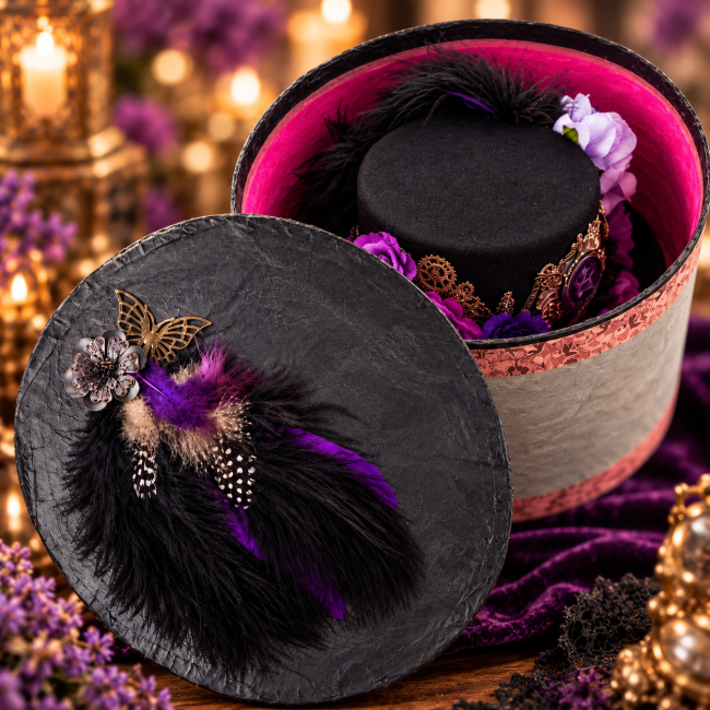 Chapeau Mina et sa boîte de rangement artisanale Chapeau Mina présenté dans sa boîte de rangement faite main