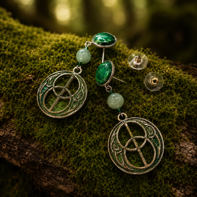 Présentation des boucles d'oreilles Nerthus posées sur mousse végétale. Les fermoirs clous, le jade naturel et le cœur translucide des pendentifs révèlent toute la finesse de cette création artisanale inspirée des traditions nordiques.