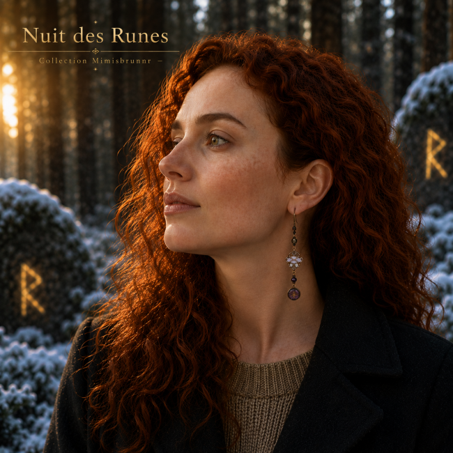 Portrait réaliste d’une femme aux cheveux auburn portant les boucles d’oreilles Nuit des Runes. Bijou artisanal inspiré des légendes nordiques et des runes anciennes.