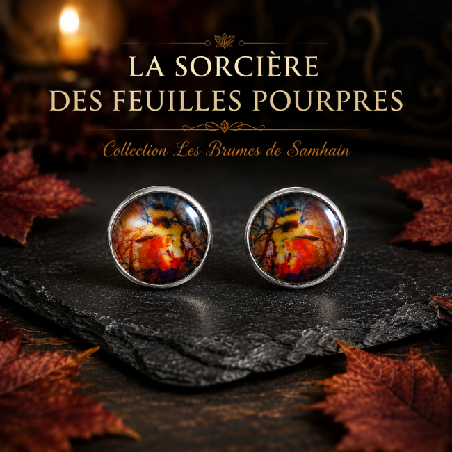 La Sorcière des Feuilles Pourpres – Boucles d'oreilles artisanales Samhain Boucles d'oreilles artisanales La Sorcière des Feuilles Pourpres sur décor automnal – Collection Les Brumes de Samhain