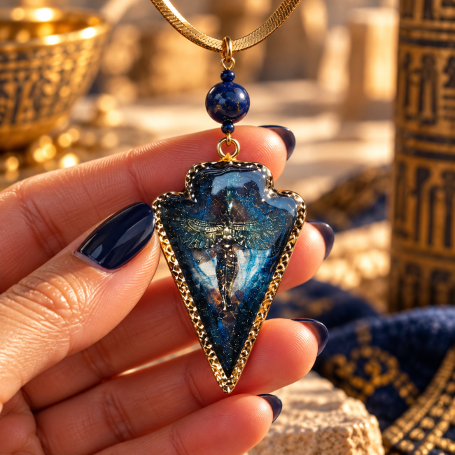 Dos du pendentif Le Souffle du Ciel – création inspirée d’Isis Vue arrière du pendentif Le Souffle du Ciel, montrant ses détails, son décor bleu profond et ses finitions dorées.