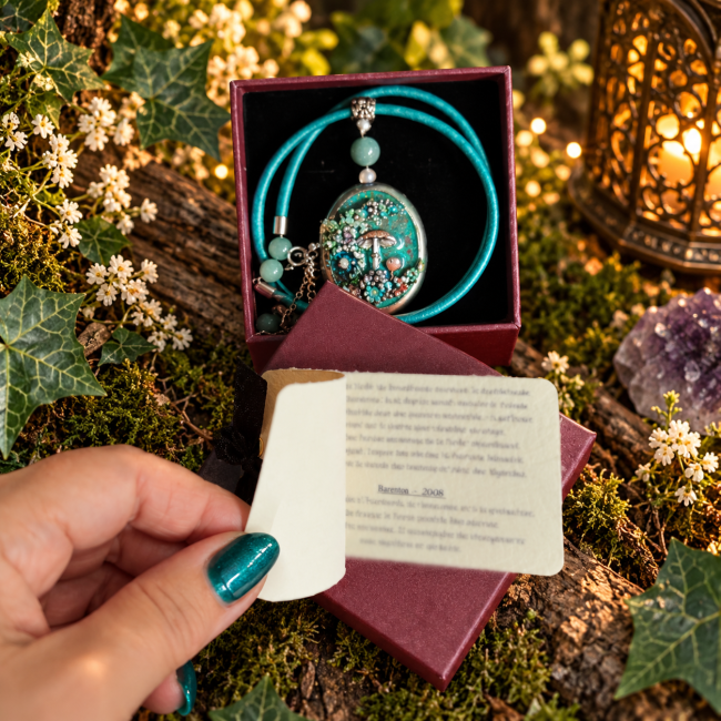 Collier artisanal La Fontaine de Barenton de la collection Les Secrets de Brocéliande, présenté dans son écrin bordeaux avec sa carte de certificat, dans un décor mystique inspiré de la nature.