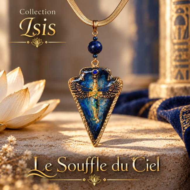 Le Souffle du Ciel, collier artisanal Isis en lapis-lazuli Collier artisanal Le Souffle du Ciel de la collection Isis, orné de lapis-lazuli et d’un pendentif inspiré de la mythologie égyptienne.