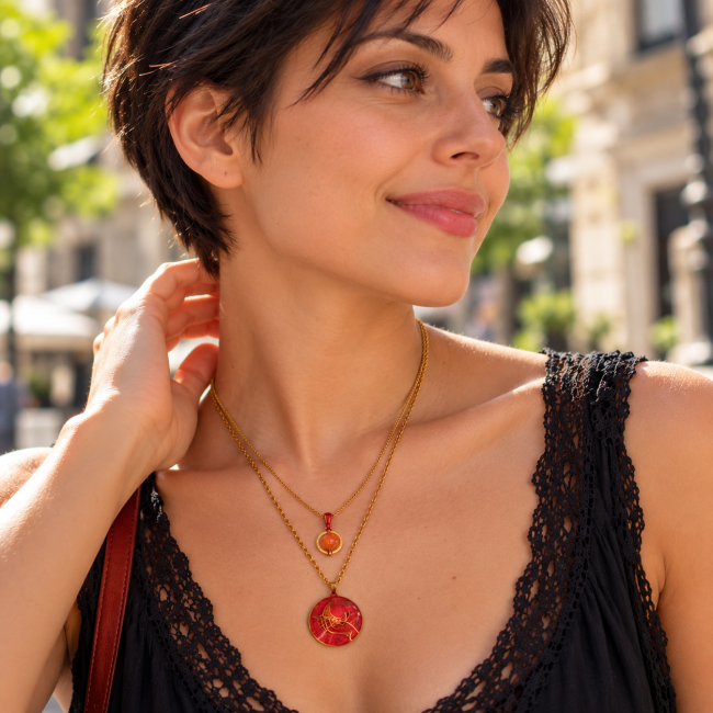 Collier Luna porté avec perles en andésine véritable, chaînes dorées et médaillon rouge réversible